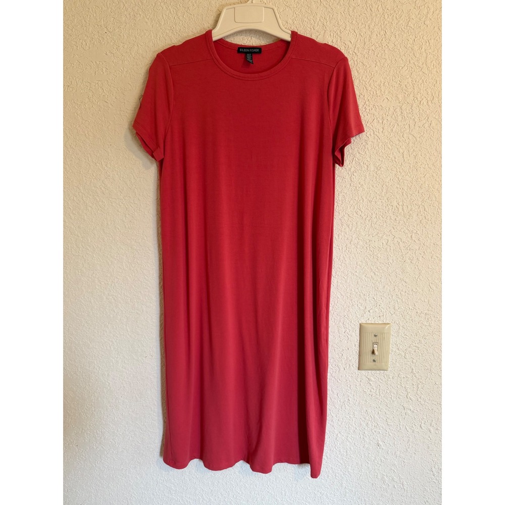 Eileen Fisher Coral Red Viscose Spandex Short Sleeve T-Shirt Dress XS